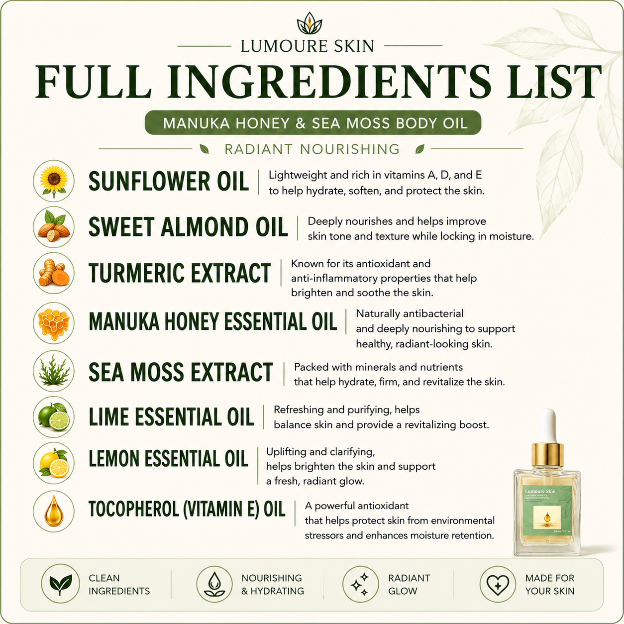 Lumoure Skin Manuka Honey and Sea Moss Body Oil ingredients including sunflower oil, sweet almond oil, turmeric extract, manuka honey, sea moss extract, lime oil, lemon oil, and vitamin E