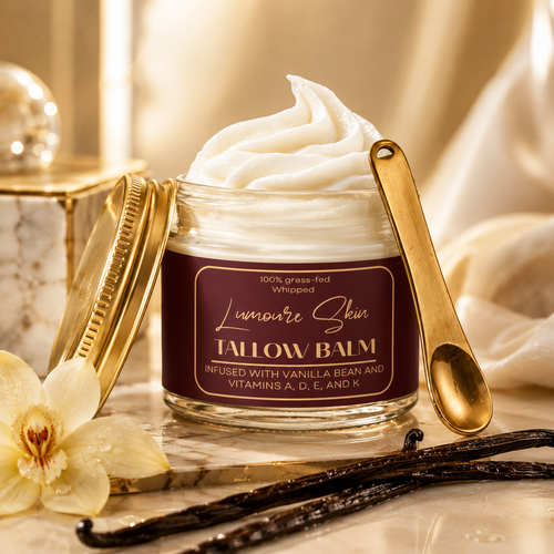 Lumoure Skin Whipped Grass-Fed Tallow Balm with vanilla bean, displayed with a gold spoon and vanilla pods, highlighting natural skin nourishment, hydration, and healthy-aging skincare.