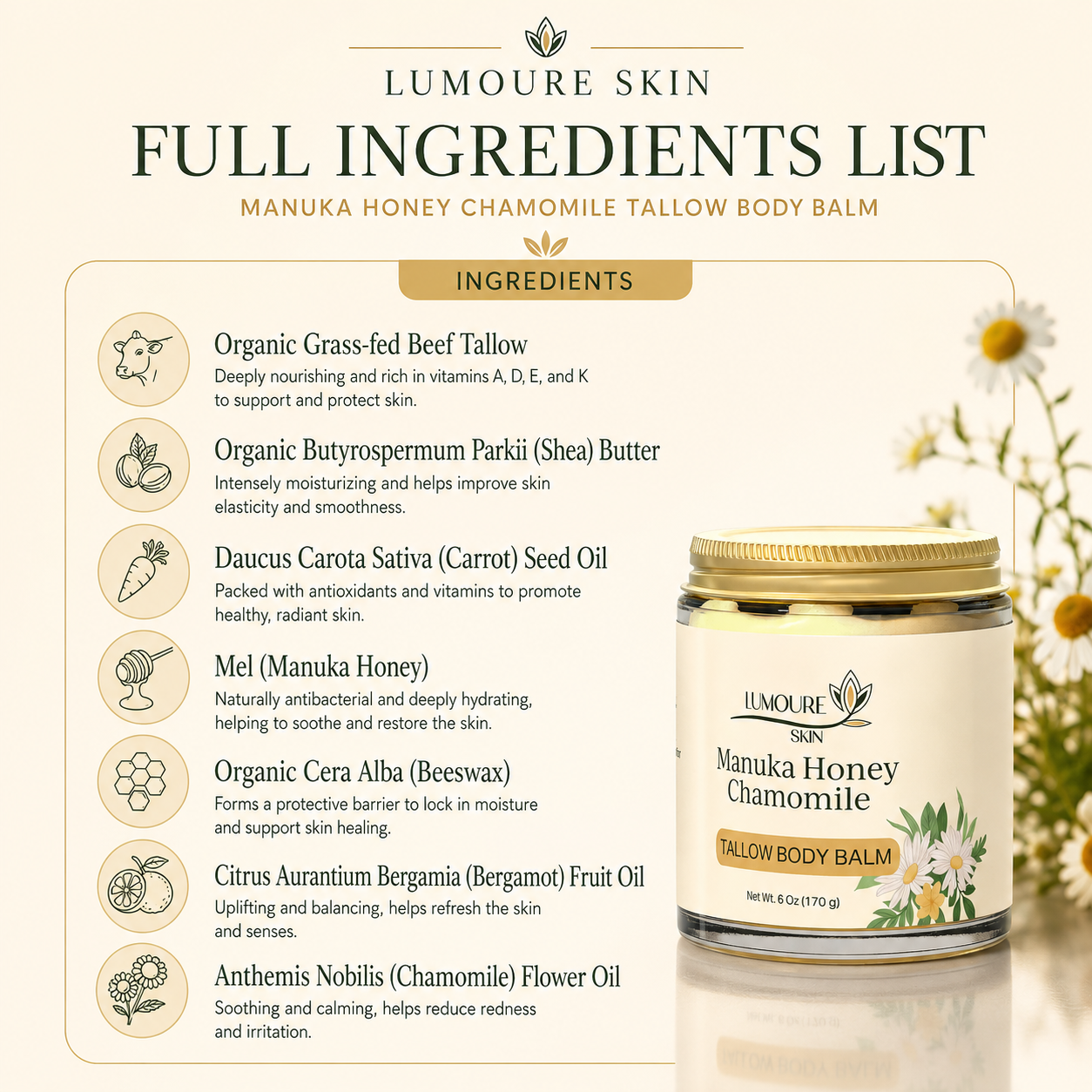 Lumoure Skin Manuka Honey Chamomile Tallow Body Balm ingredients including grass-fed tallow, shea butter, manuka honey, chamomile oil, bergamot oil, beeswax, and carrot seed oil
