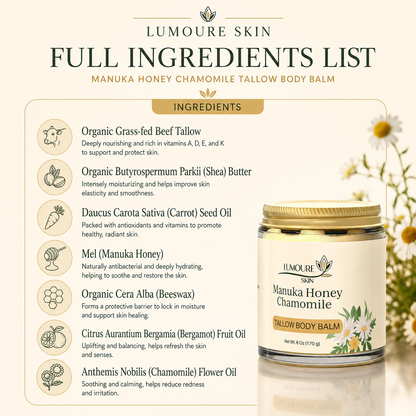 Lumoure Skin Manuka Honey Chamomile Tallow Body Balm ingredients including grass-fed tallow, shea butter, manuka honey, chamomile oil, bergamot oil, beeswax, and carrot seed oil